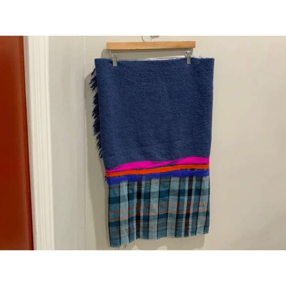 Made in Italy Mixed Media Wool Blanket Blue Neon Pink Orange Fringe Wrap Style